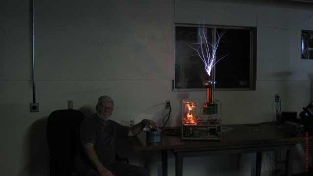 Terry demonstrating a small Tesla Coil